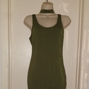 Women's Heart & Hips Fitted Dress, sz M, Olive Green, Choker neck line, pre